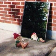A garden gnome looks into a mirror and sees its reflection against the trees on a sunny day